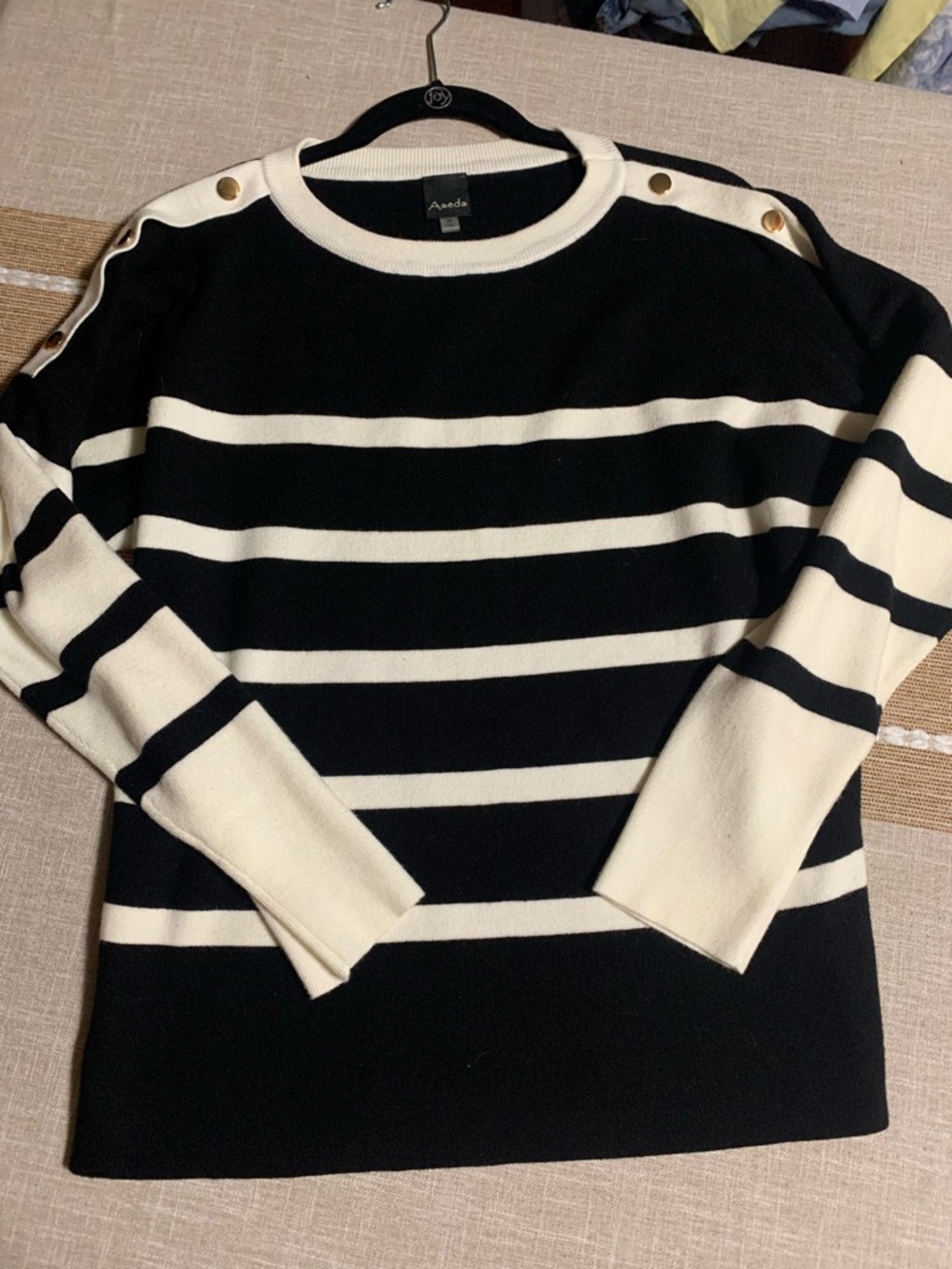 AVEDA Black & Cream Striped Button-Shoulder Sweater